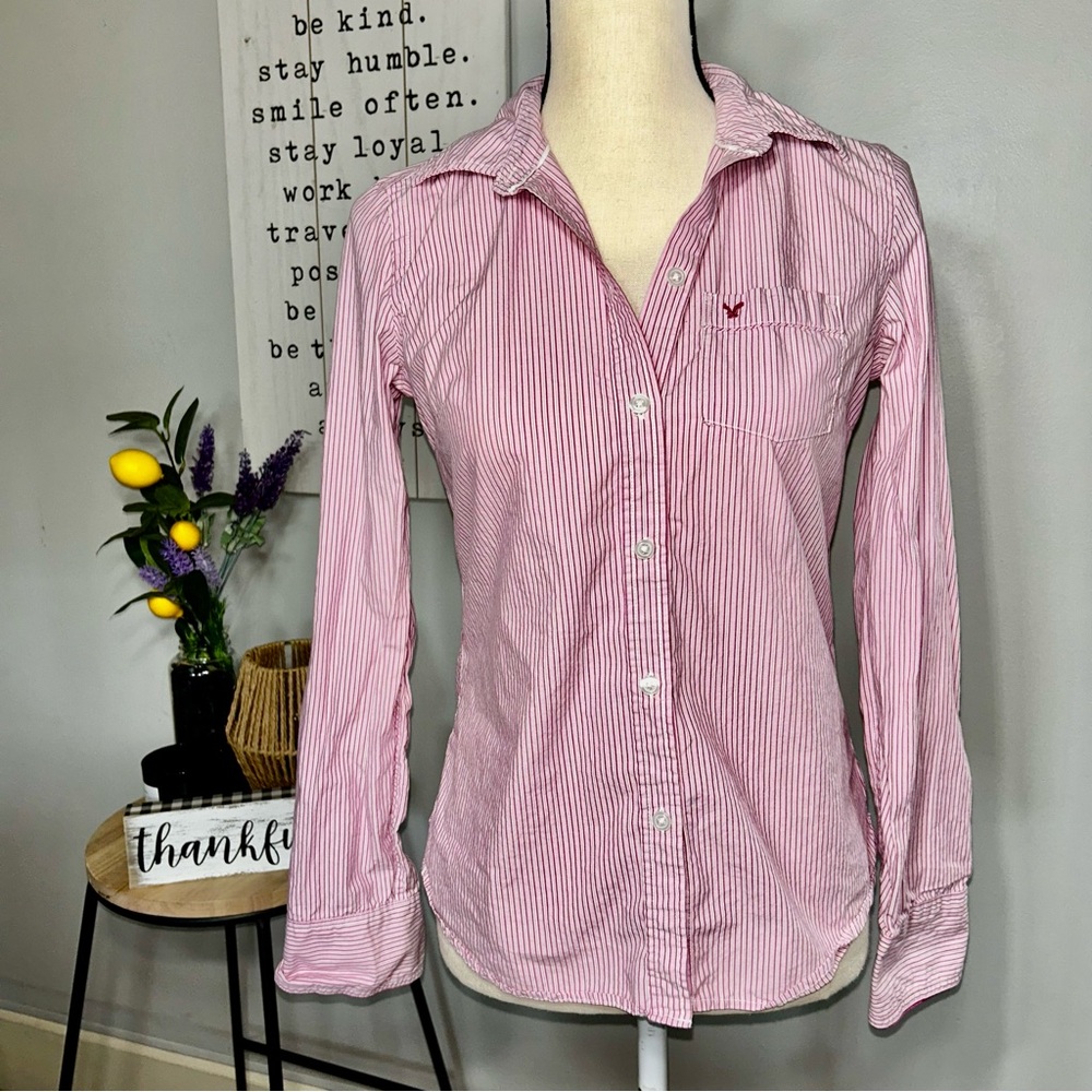 Vintage American Eagle Outfitters Pink Striped Button-Up Shirt Long Sleeve 4